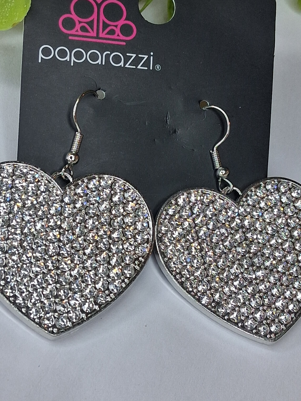 Silver Rhinestone Heart Dangle Earrings